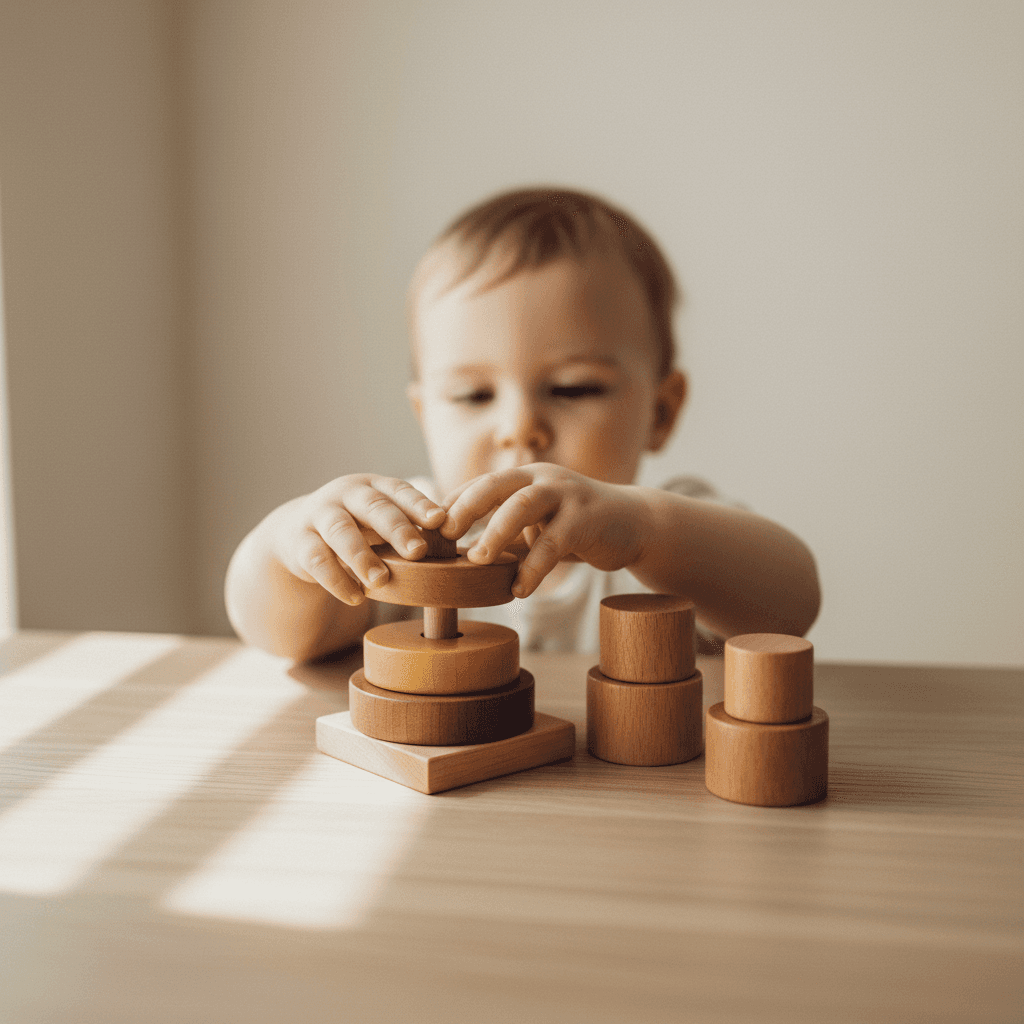 Caregiver helping toddler with learning activity